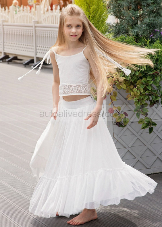 Two Piece Lace Polka Dot Tulle Ankle Length Flower Girl Dress
